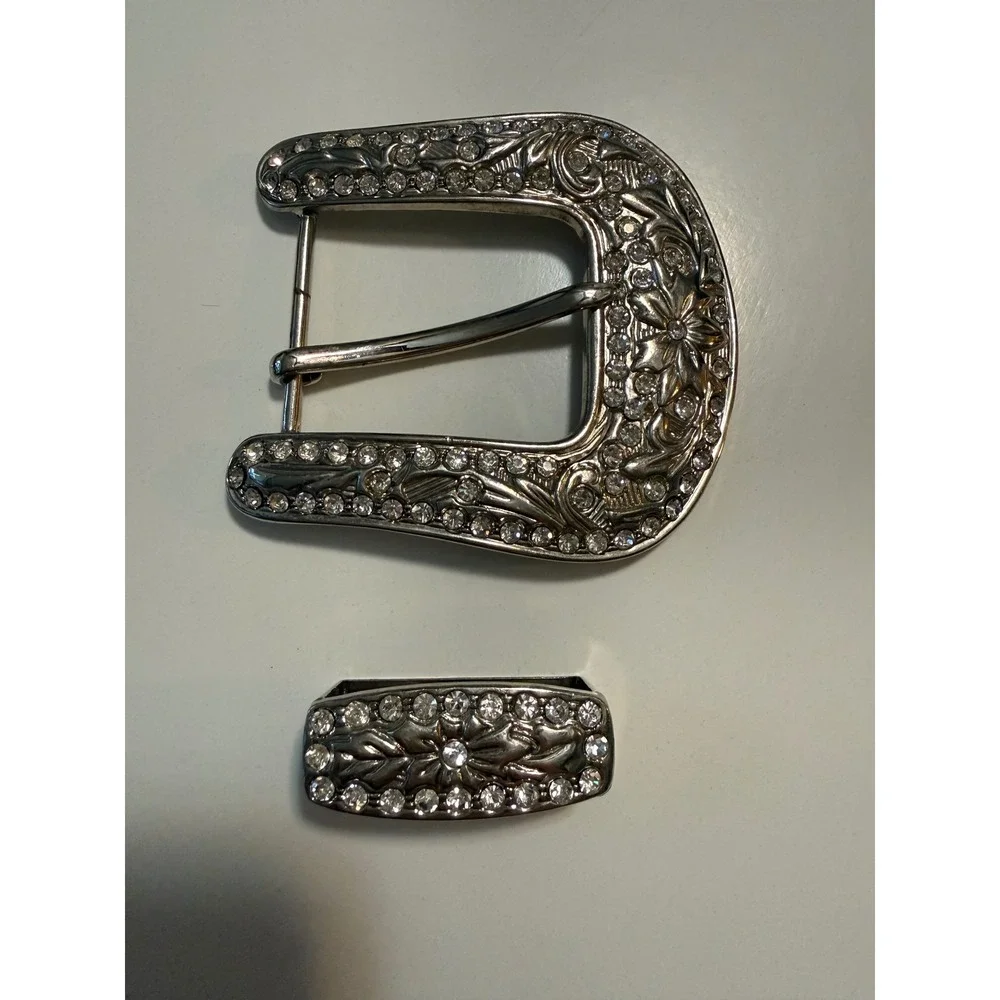 Western Floral Rhinestone Belt Buckle Set Silver Tone Engraved Cowgirl Hardware